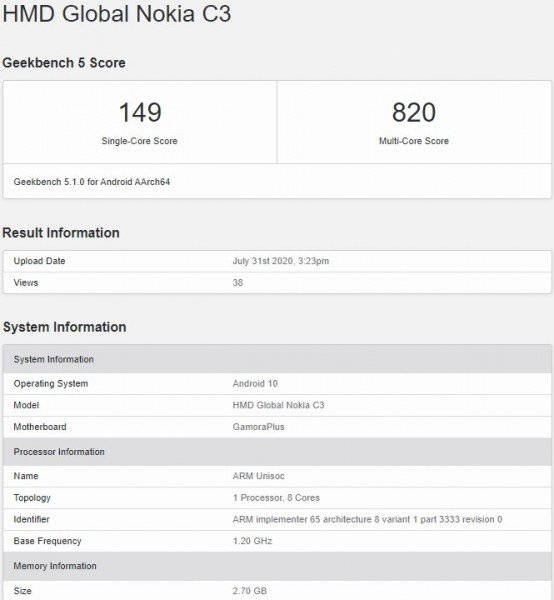 诺基亚 C3现身Geekbench：搭载紫光展锐处理器 单核149分-第1张图片-科技快讯