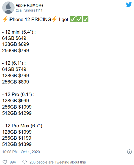iPhone 12全系售价曝光 价格区间或为649至1399美元-第1张图片-科技快讯