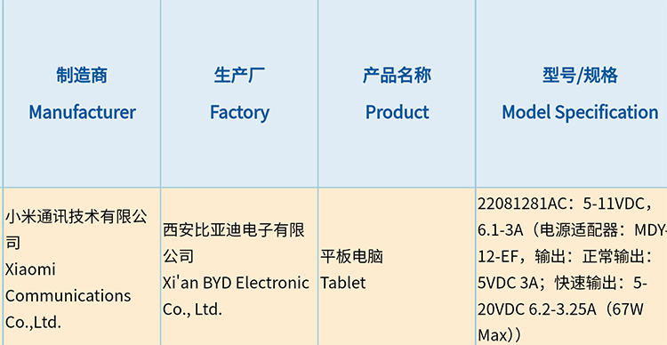 疑似小米平板6完成3C认证 支持67W充电或搭载骁龙870-第1张图片-科技快讯