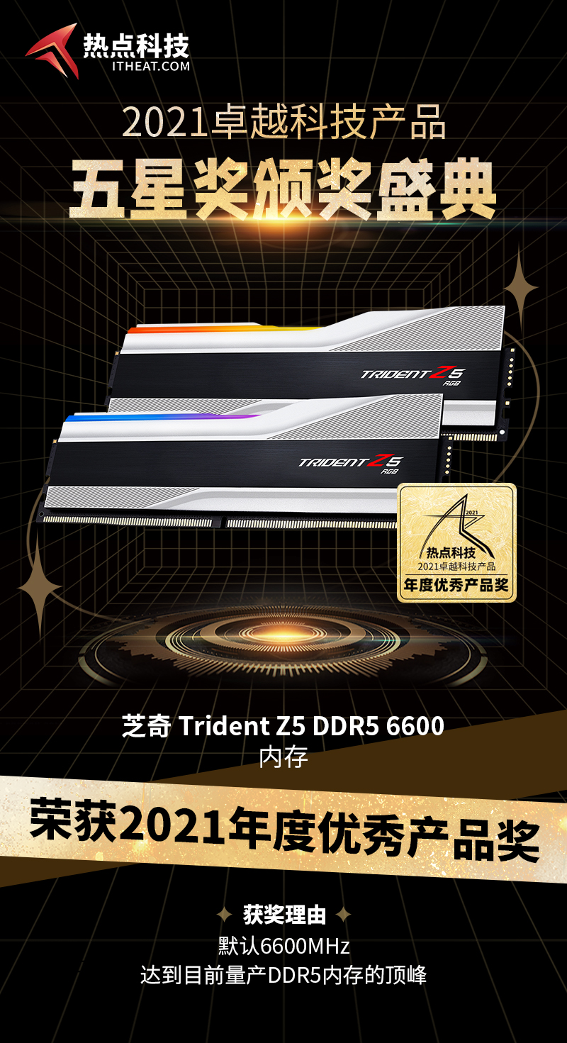 芝奇Trident Z5 DDR5 6600内存在2021五星奖颁奖盛典中荣获：年度优秀产品奖-第3张图片-科技快讯