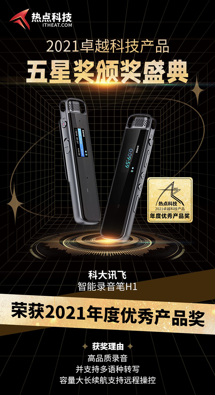 祝贺讯飞录音笔H1在热点科技2021五星奖颁奖盛典中荣获：年度优秀产品奖-第3张图片-科技快讯