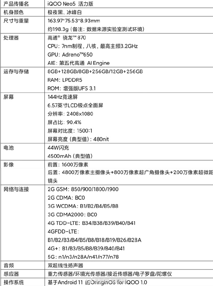 iQOO Neo5活力版售价出炉，2299元起，骁龙870+144Hz高刷屏-第2张图片-科技快讯