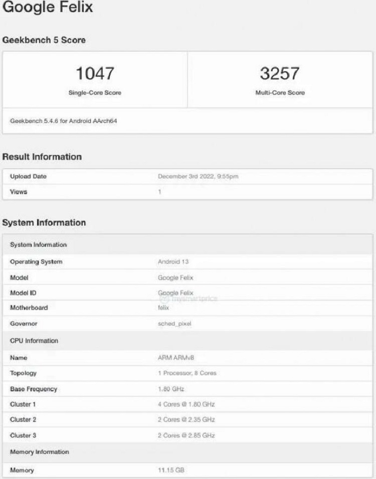 谷歌Pixel Fold折叠机跑分曝光，搭载自研Tensor G2芯片-第1张图片-科技快讯
