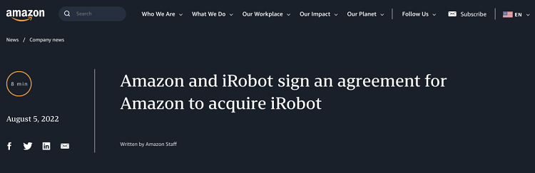 亚马逊以17亿美元收购扫地机器人鼻祖iRobot，布局智能家居-第1张图片-科技快讯