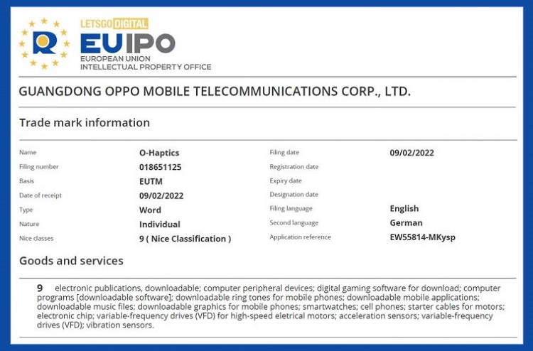 OPPO 的O-Haptis商标曝光，可改善游戏震动反馈，或将用于Find X5 Pro-第1张图片-科技快讯