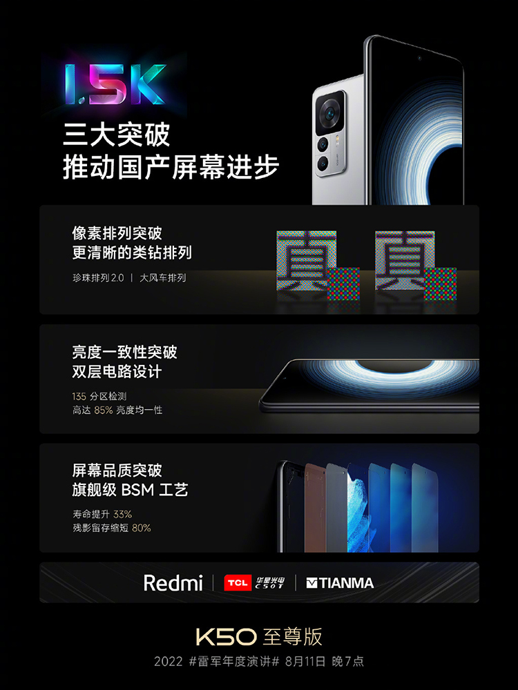 Redmi K50至尊版采用1.5K直屏设计 屏幕供应商为华星光电和天马-第1张图片-科技快讯