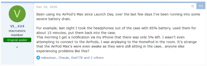 部分AirPods Max耳机出现耗电异常 低功耗模式或存在bug-第2张图片-科技快讯