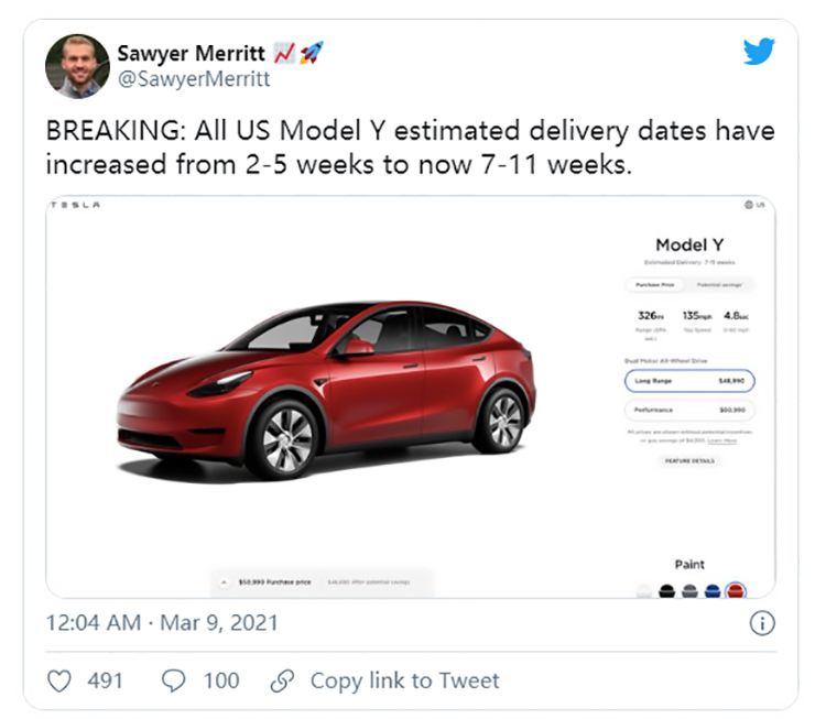 特斯拉或遭遇芯片供货不足 Model 3、Model Y延期两个月交付-第2张图片-科技快讯