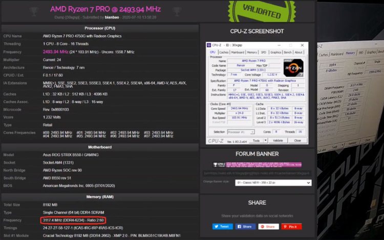 Ryzen 7 PRO 4750G搭配内存超频至6234MHz 刷新AMD平台内存频率记录-第2张图片-科技快讯