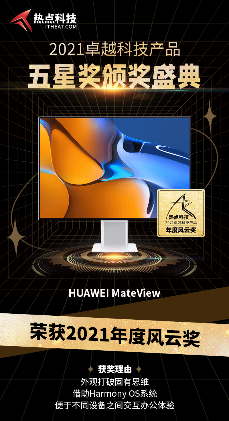 祝贺HUAWEI MateView在热点科技2021五星奖颁奖盛典中荣获：年度风云奖   -第3张图片-科技快讯