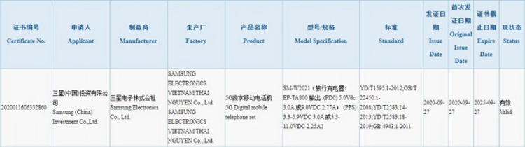 三星W21 5G折叠屏手机获得3C认证，或将于11月5日发布-第1张图片-科技快讯
