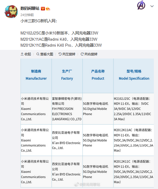 小米三款5G新机入网 有线充电规格均为33W-第1张图片-科技快讯