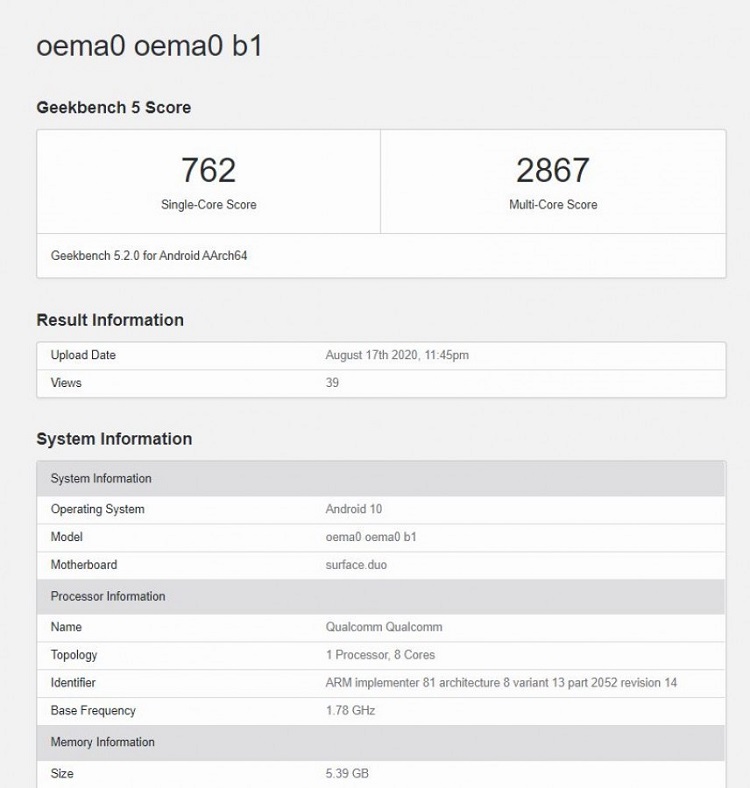 Surface Duo 跑分曝光，高于其他骁龙855手机-第1张图片-科技快讯