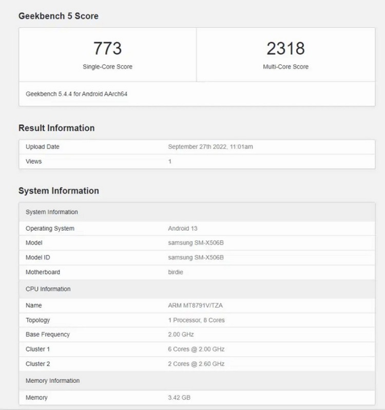 三星Galaxy Tab S8 FE平板跑分曝光，搭载联发科迅鲲900T处理器-第1张图片-科技快讯
