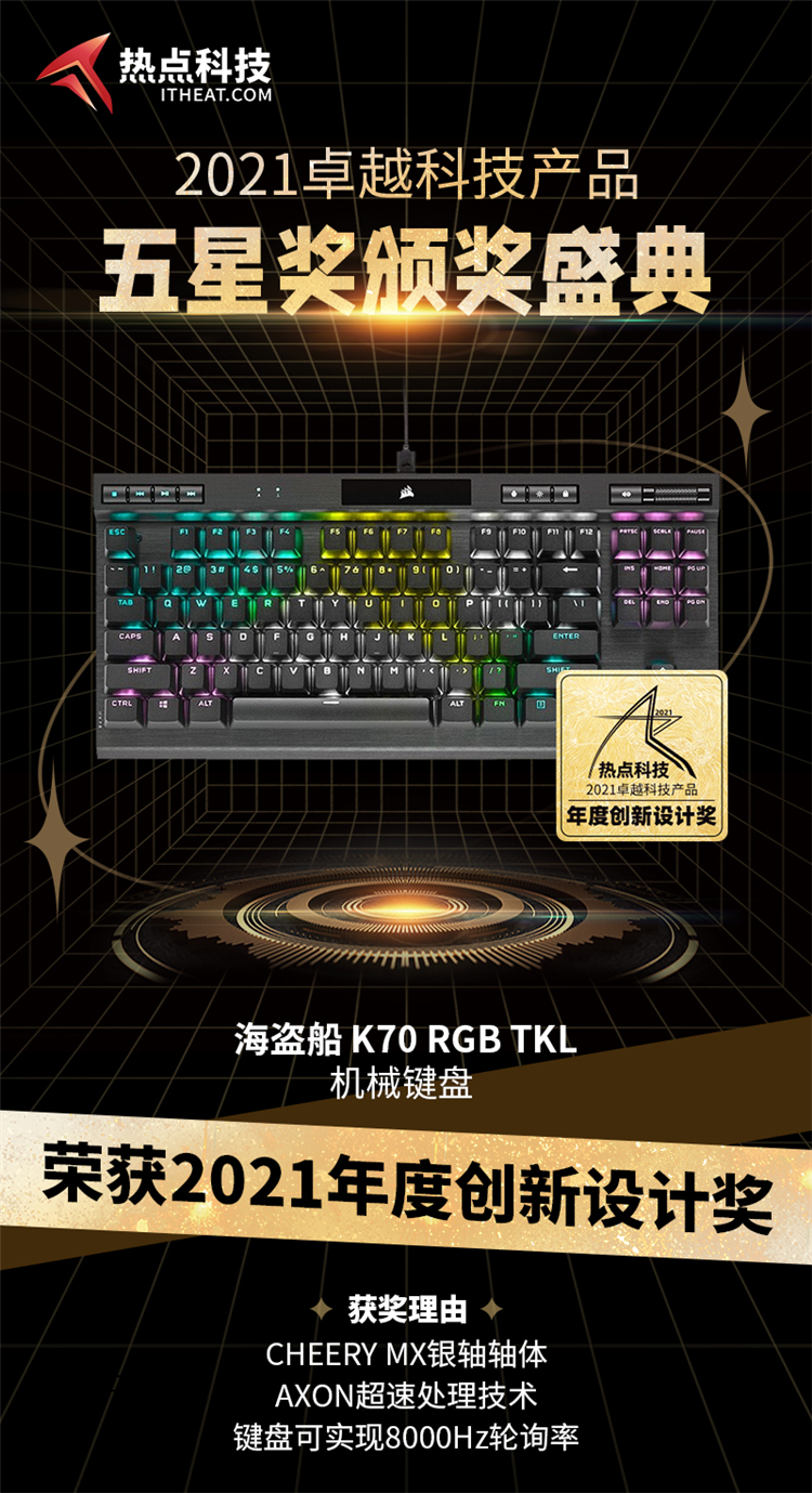 美商海盗船K70 RGB TKL 在热点科技2021五星奖盛典中荣获：年度创新设计奖-第3张图片-科技快讯