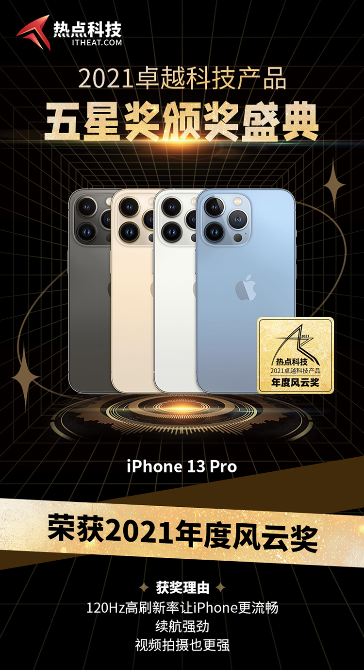 祝贺苹果iPhone13 Pro在热点科技2021五星奖颁奖盛典中荣获：年度风云奖-第2张图片-科技快讯