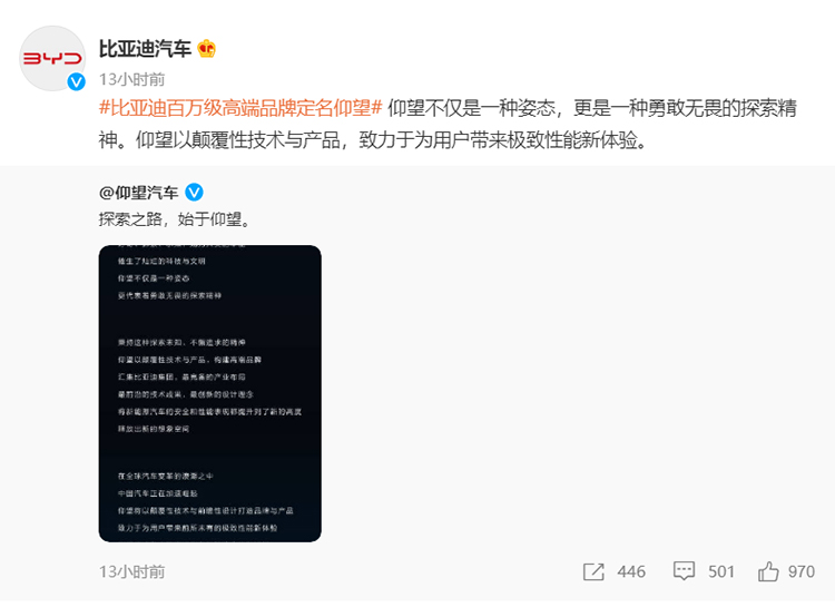 正式官宣：比亚迪旗下高端汽车品牌定名"仰望"-第1张图片-科技快讯