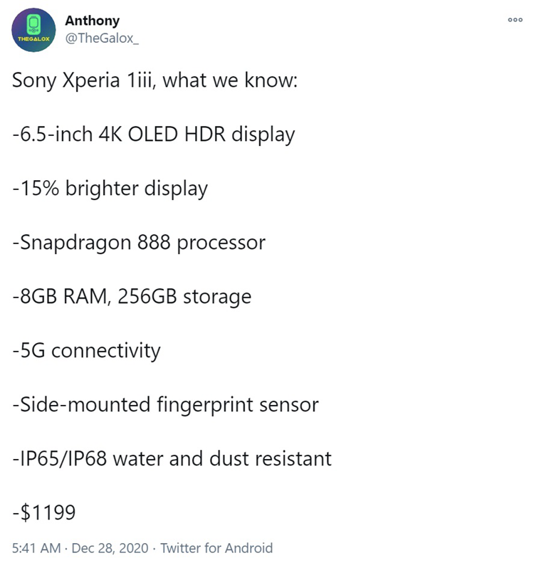 索尼Xperia 1 III配置曝光，骁龙888处理器，4K显示屏-第2张图片-科技快讯