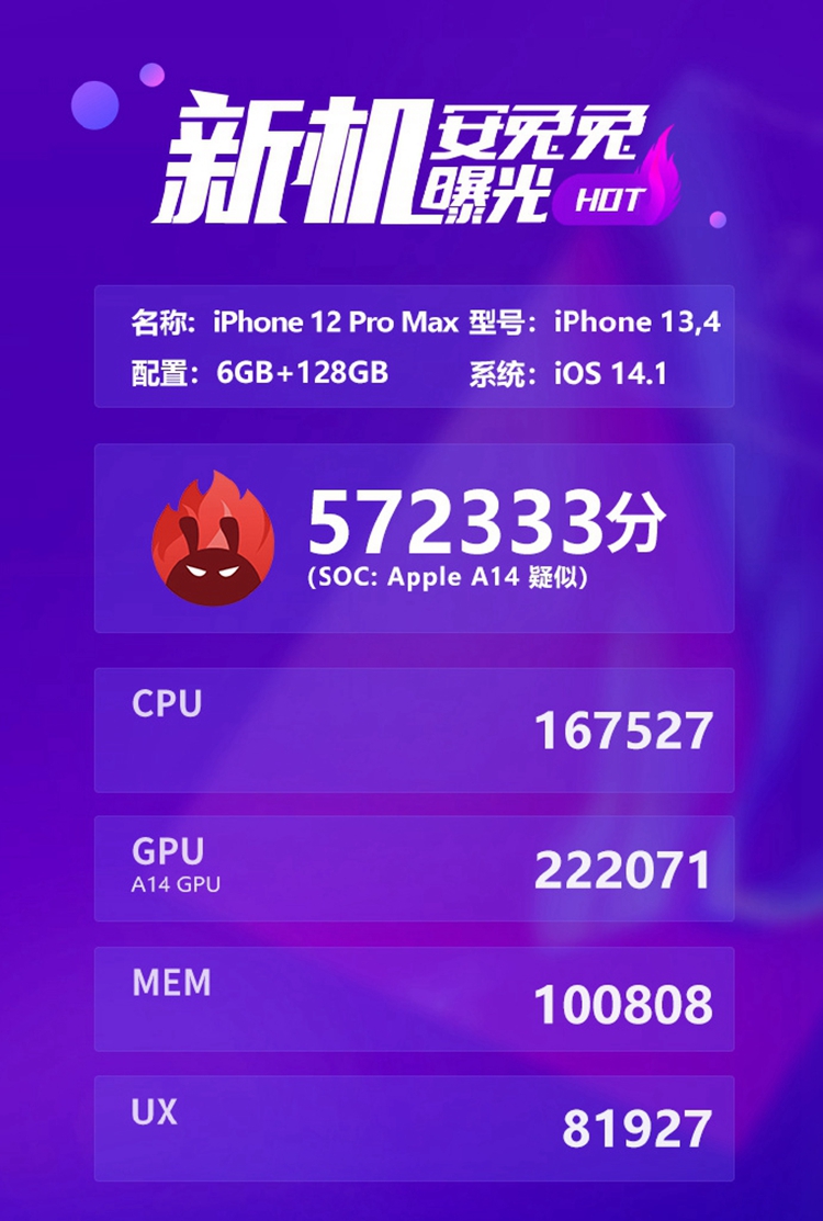 疑似iPhone 12 Pro Max安兔兔跑分曝光，A14芯片性能提升并不明显-第2张图片-科技快讯