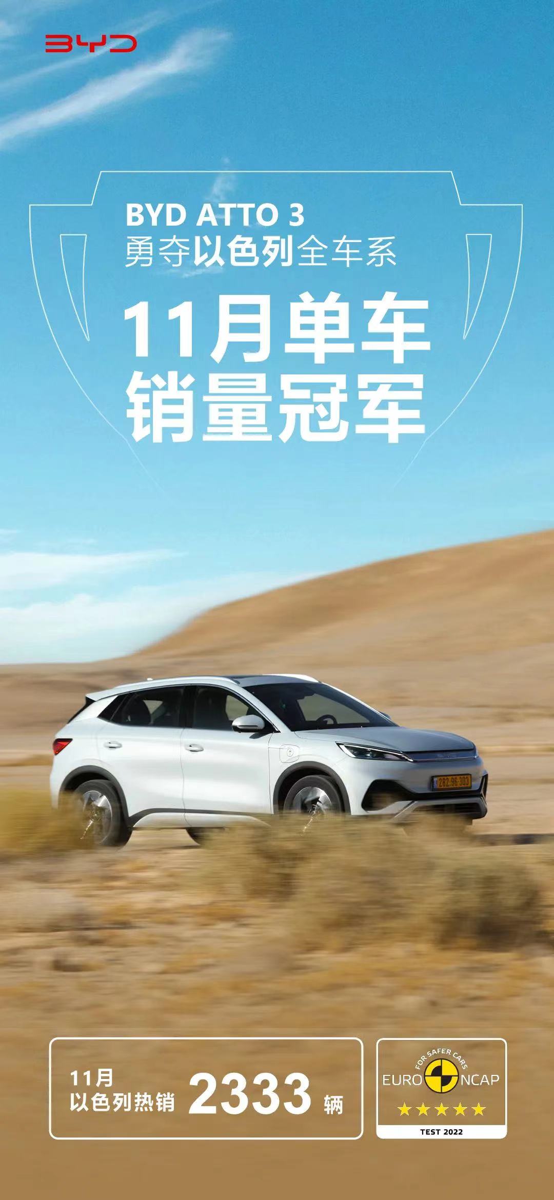 比亚迪ATTO 3获以色列单车销量冠军，共计销售新车2333台-第1张图片-科技快讯