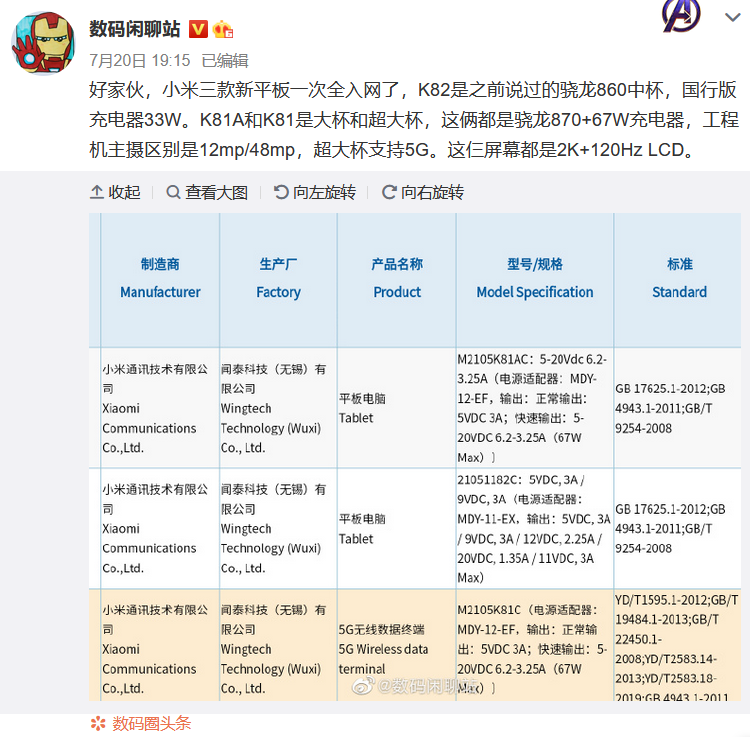 小米三款平板入网 大杯和超大杯支持67W快充-第1张图片-科技快讯