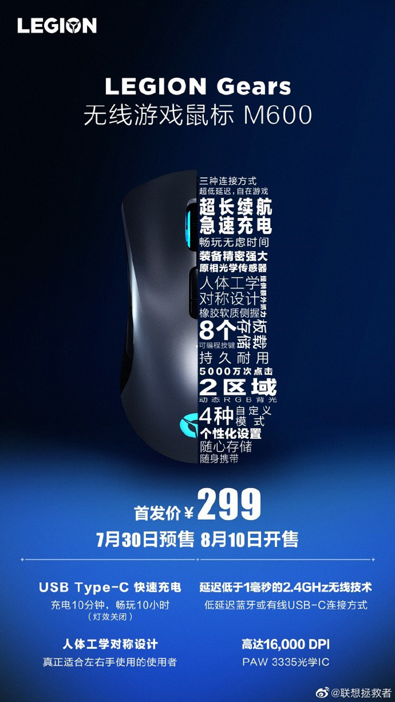 拯救者无线游戏鼠标M600开启预售  价格为299元-第1张图片-科技快讯
