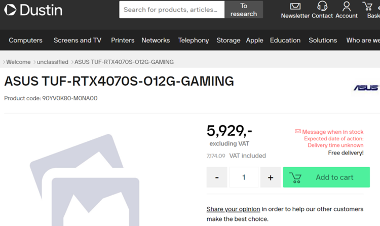 华硕RTX 4070 SUPER显卡现身购物网站：12GB显存，预计CES 2024发布-第1张图片-科技快讯