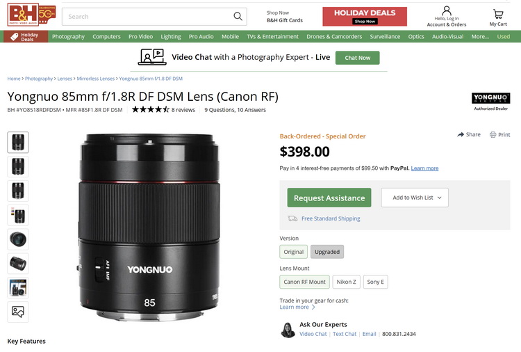 佳能将开放RF卡口？B&amp;H重新上架永诺85mm F1.8R AF镜头-第1张图片-科技快讯
