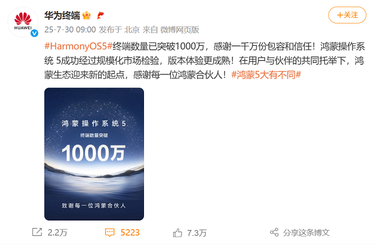 华为鸿蒙5终端销量破千万 明星阵容集体点赞-第1张图片-科技快讯